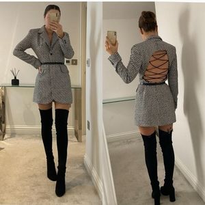Zara * Houndstooth Blazer Dress Cut Out Black White Size XS NWT Bloggers Fav
